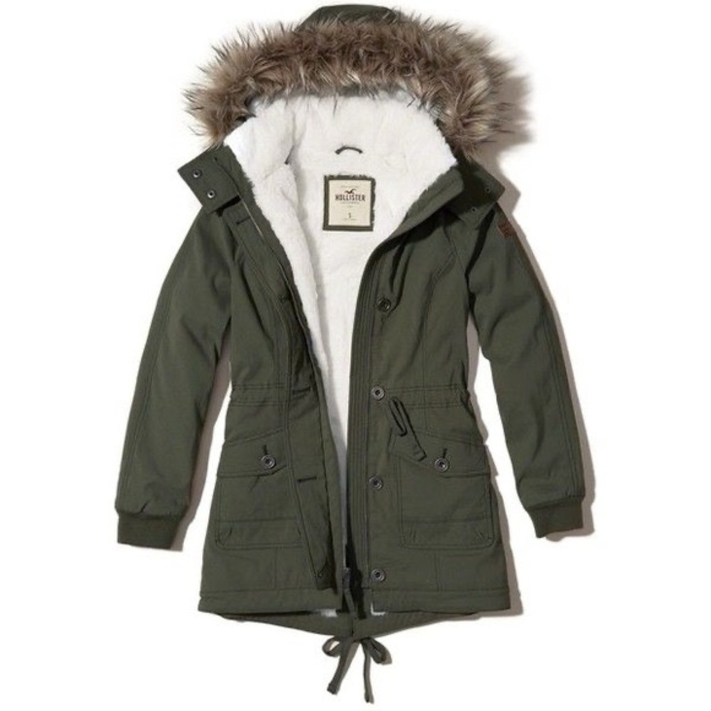 Hollister Olive Green Parka with Faux-Fur Hood Trim